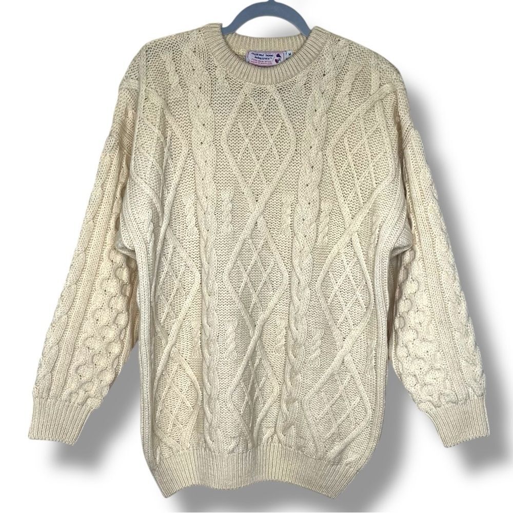 Vintage Highland Home 100% Wool Cream Cable Knit Fisherman Sweater Unisex Medium